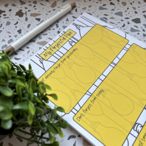 An A5 I Forget Things Memo Pad 3, titled My Forgetful Pad, with sections for past and present reminders, sits on a terrazzo surface next to a white pen and a small green plant.