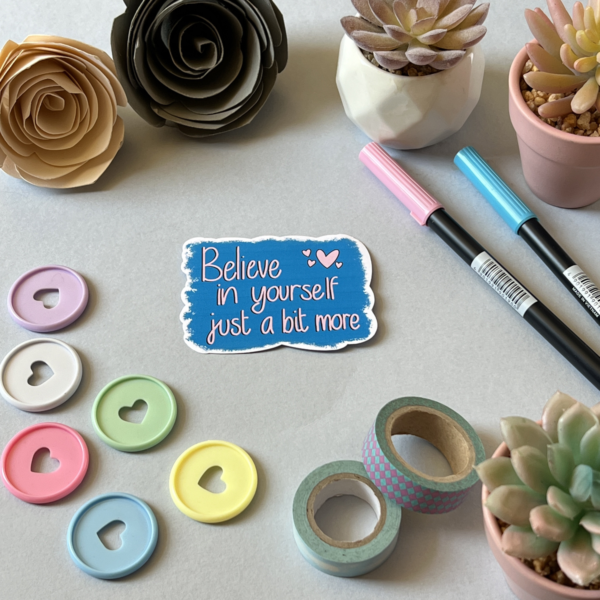 The Believe In Yourself Matte Vinyl Sticker, featuring the quote “Believe in yourself just a bit more,” is shown on a light surface with pastel flowers, heart-shaped buttons, washi tape rolls, two pens, and potted succulents.