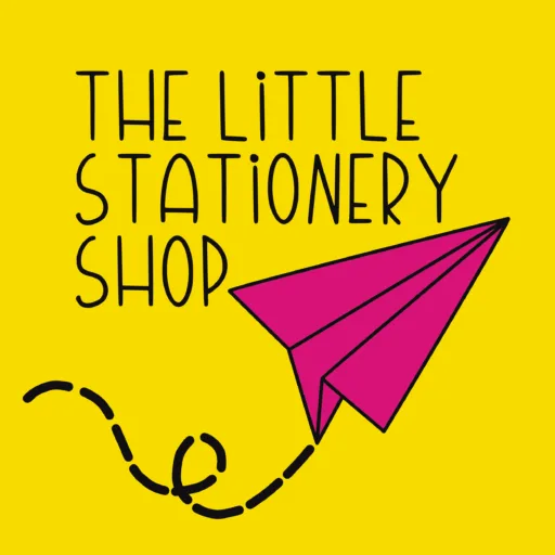 Yellow background with the writing 'The Little Stationery Shop' and a pink paper aeroplane with a dashed line trailling behind it.