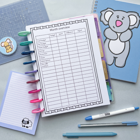 Monthly Budget Planner Insert 2 with colourful pens, a sheep notepad, a blue koala folder, and a dog sticker are neatly arranged on a light grey surface.