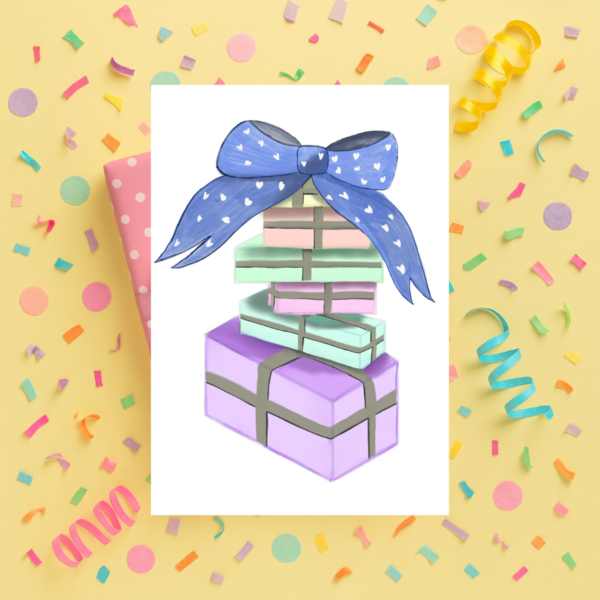 Pastel Greeting Card 3 displays stacked gift boxes with a big blue bow on a yellow surface, surrounded by colourful confetti and curled ribbons.