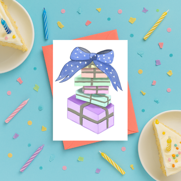 The Pastel Greeting Card shows stacked gift boxes with a blue bow on a coral envelope, surrounded by cake slices, candles, and confetti on a cheerful blue background.