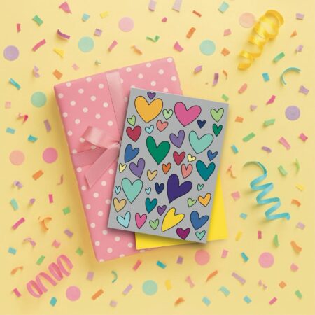 rainbow heart greeting card yellow Rainbow Heart Greeting Card