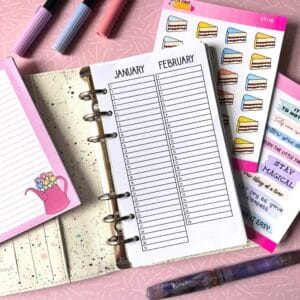 A personal ring planner is open on a table.The top sheet has two months written at the top and below each month title is a table with a single column. The table has several rows and each row has a date on it, but no days. The picture has a pink background. Around the planner are brush pens, sticker sheets, a pink memo pad and a fountain pen.