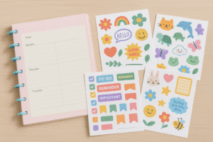 a picture of a planner and 4 sheets of stickers for planners