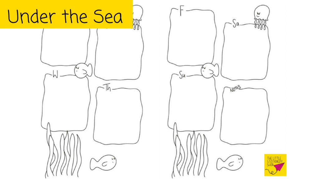 Eight rectangle boxes with wiggly lines. The initials of the days of the week are on top of each box, the eighth has 'notes'. Around the boxes are fish, jellyfish and reeds. All drawin in blank ink.